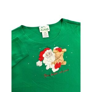 Quaker Factory‎ Womens Santa Claus Christmas Long Sleeve Shirt Top Green Large